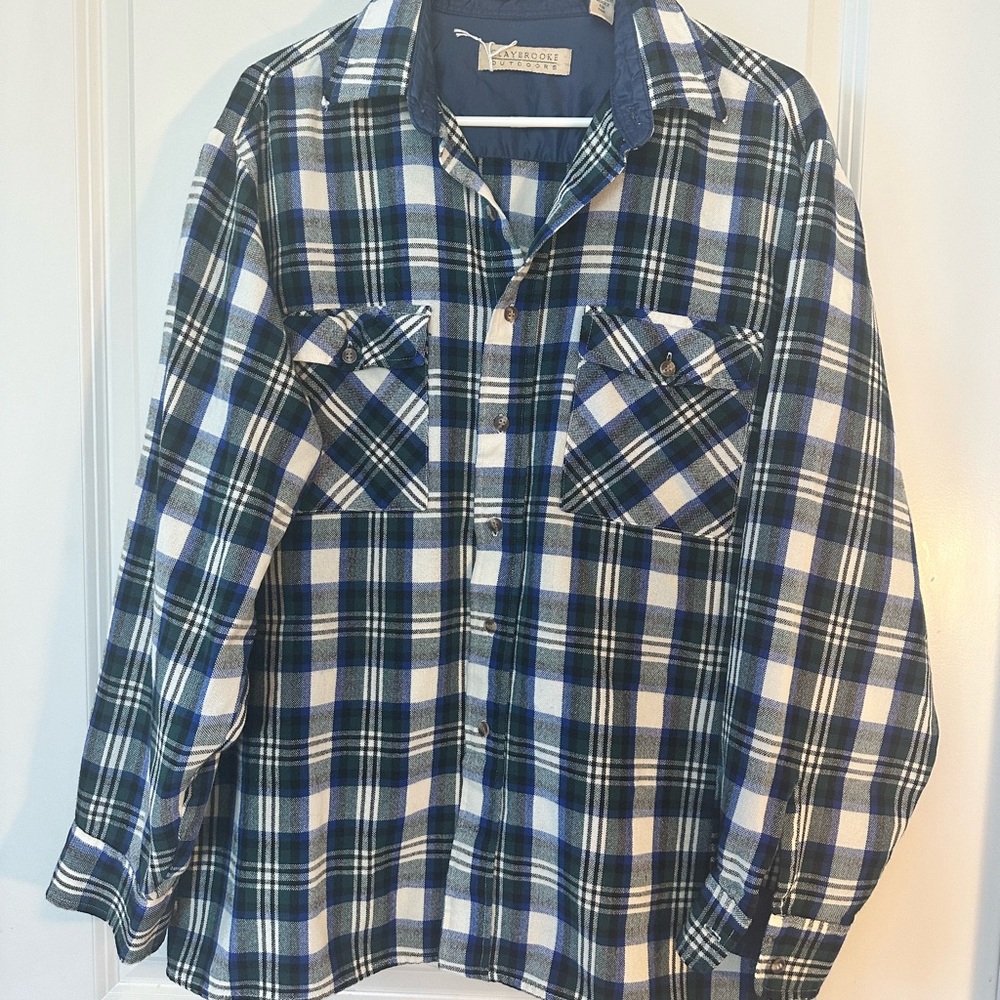 NWOT Claybrooke Outdoors Blue & White Flannel Plaid Button Up Shirt, Large
